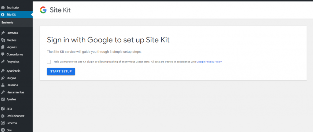 pluging Site Kit by Google en el escritorio de WordPress