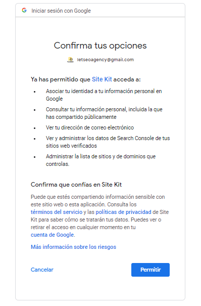 Configuración del plugin Site Kit by Google: paso 2